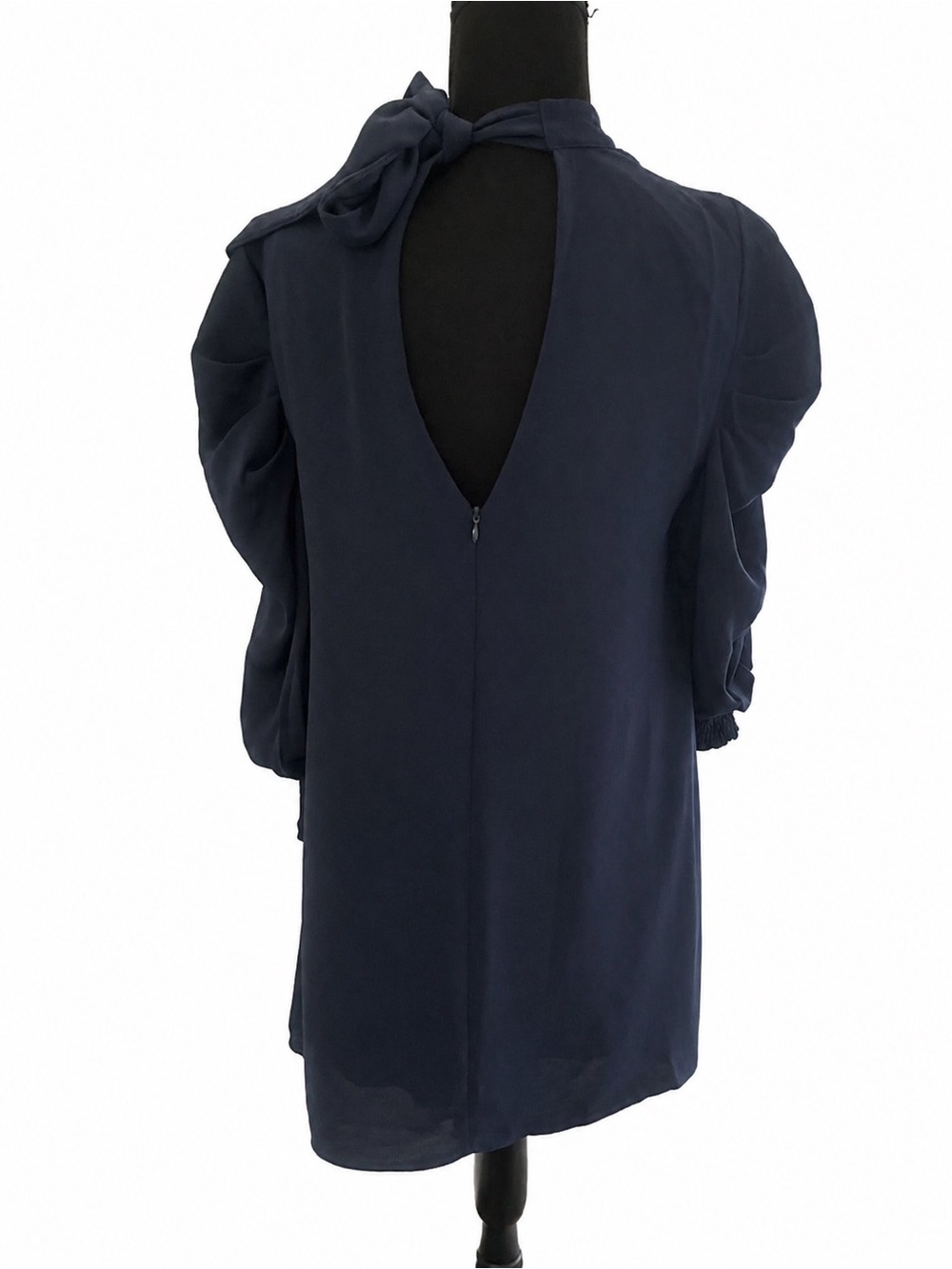 glam Navy Puff-Sleeve Keyhole Back Blouse - Picture 3 of 3